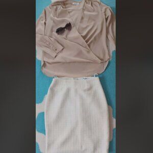 Beige Calvin Klein wrap top zipper detail white pencil skirt outfit Size M